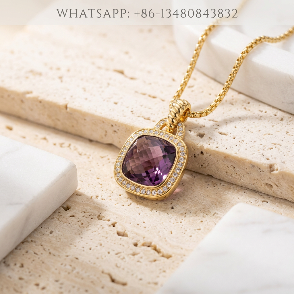DY Necklace Albion 18K Gold Cushion Purple Amethyst Diamond Halo Pendant - WHATSAPP:+86-13480843832