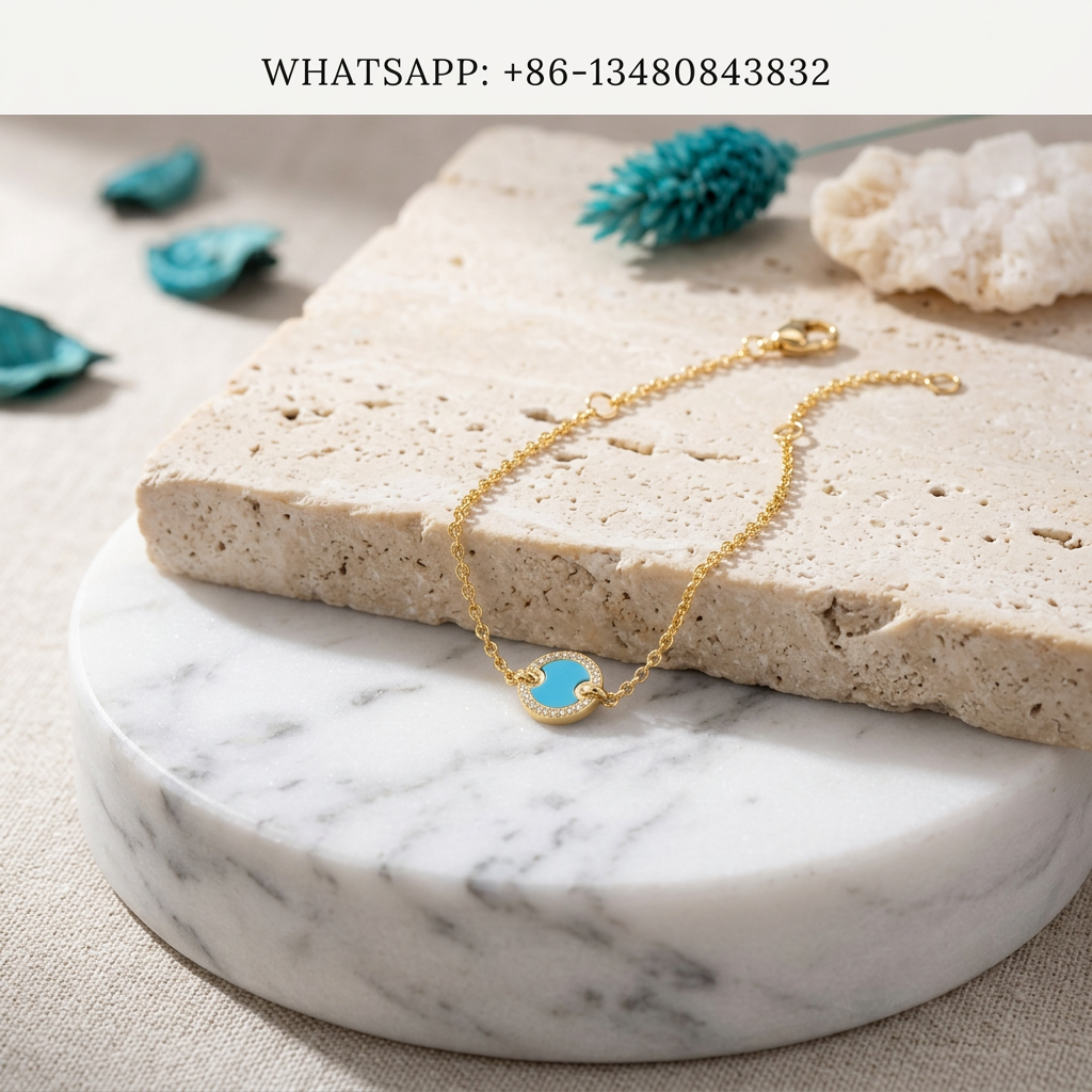 DY Bracelet Elements 18K Yellow Gold Round Turquoise Disc Pavé Diamond Halo Station Chain Bracelet - WHATSAPP:+86-13480843832