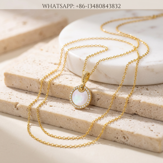 DY Necklace 18K Yellow Gold White Mother of Pearl Disc Amulet Pendant with Diamond Halo - WHATSAPP:+86-13480843832