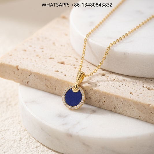 DY Necklace 18K Yellow Gold Lapis Lazuli Disc Amulet Pendant with Diamond Halo - WHATSAPP:+86-13480843832