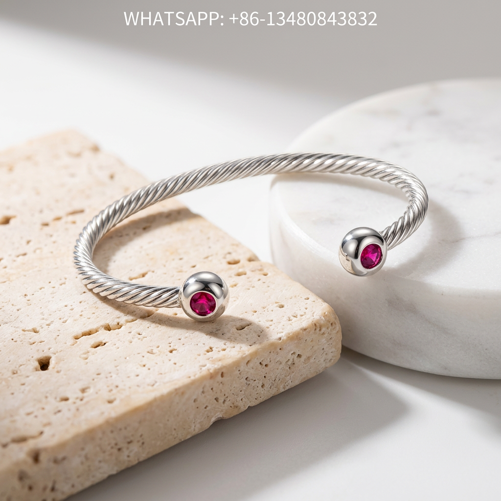 DY Bracelet Cable Classics 925 Sterling Silver Ruby Domed Cap Cuff Bracelet - WHATSAPP:+86-13480843832