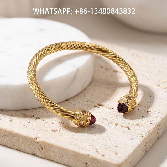 DY Bracelet Renaissance 18K Yellow Gold Twisted Cable Cuff Bracelet with Conical Faceted Rhodolite Garnet Accents - WHATSAPP:+86-13480843832