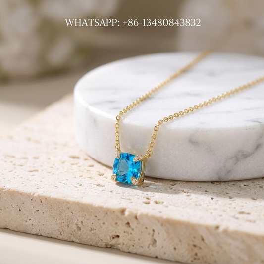 DY Necklace 18K Yellow Gold Swiss Blue Topaz Solitaire Pendant with Diamond Prongs - WHATSAPP:+86-13480843832