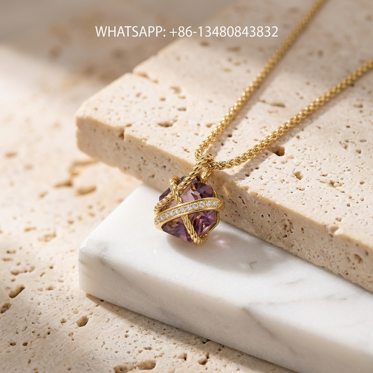 DY Necklace 18K Yellow Gold Faceted Purple Amethyst Crossover Wrapped Cable Pendant with Diamonds - WHATSAPP:+86-13480843832
