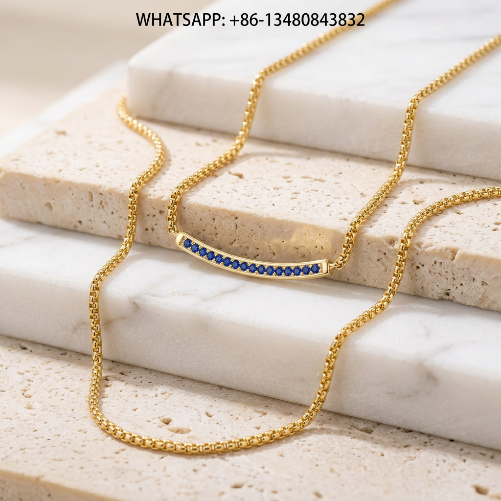 DY Necklace 18K Yellow Gold Royal Blue Sapphire Curved Bar Pendant on Wheat Chain - WHATSAPP:+86-13480843832