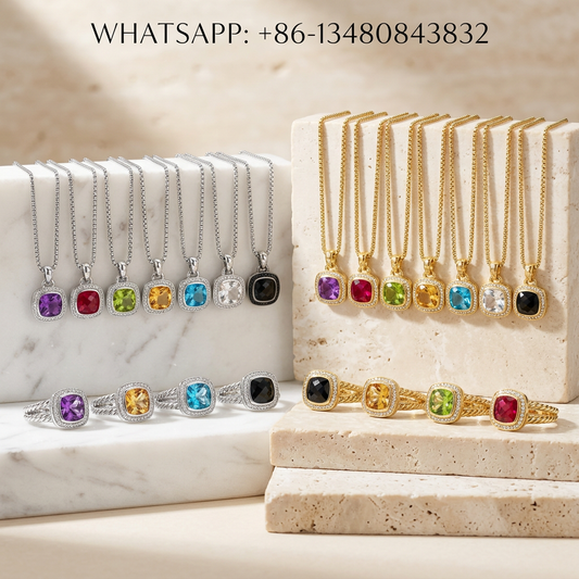 DY Set Albion Cushion Gemstone Necklace and Cable Ring Set - WHATSAPP:+86-13480843832