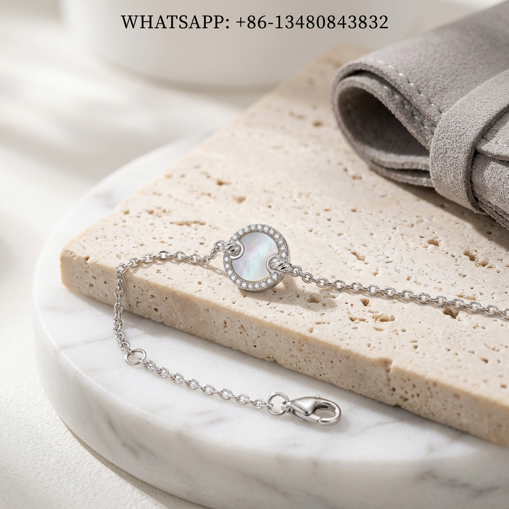 DY Bracelet Elements 925 Sterling Silver Round White Mother of Pearl Disc Pavé Diamond Halo Station Chain Bracelet - WHATSAPP:+86-13480843832