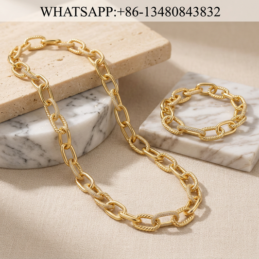 DY Set 18K Gold Chunky Oval Cable Link Necklace & Bracelet Pavé Diamond - WHATSAPP:+86-13480843832