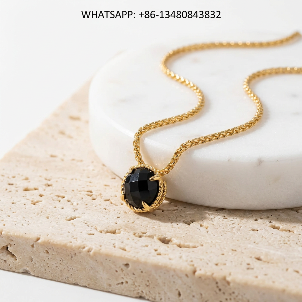 DY Necklace 18K Yellow Gold Twisted Cable Round Black Onyx Solitaire Pendant - WHATSAPP:+86-13480843832