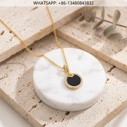 DY Necklace 18K Yellow Gold Black Onyx Disc Amulet Pendant with Diamond Halo - WHATSAPP:+86-13480843832