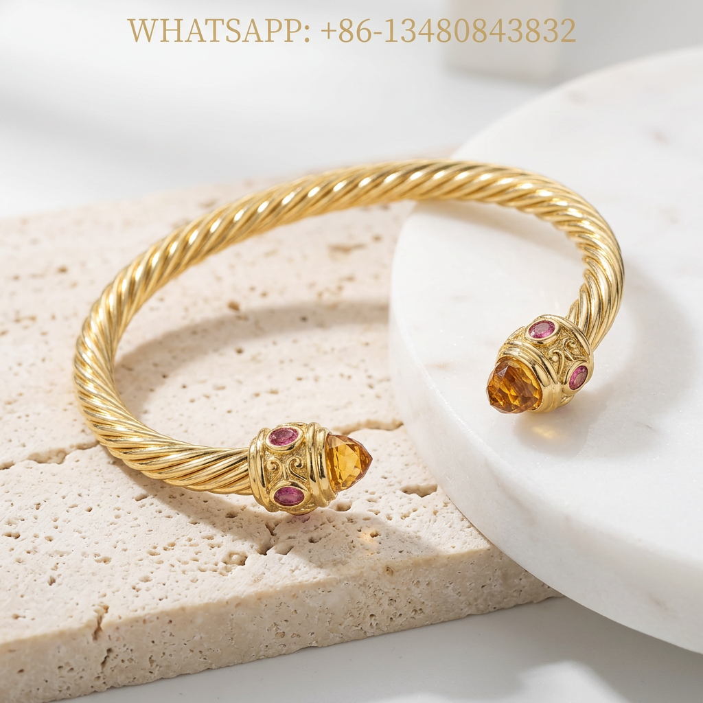 DY Bracelet Renaissance 18K Yellow Gold Twisted Cable Cuff Bracelet with Conical Faceted Citrine and Pink Tourmaline Accents - WHATSAPP:+86-13480843832