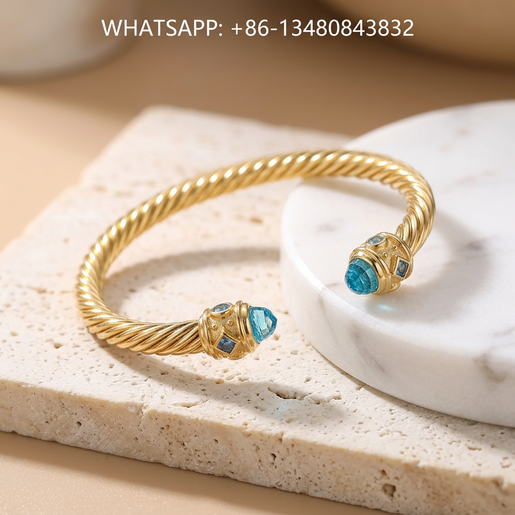 DY Bracelet Renaissance 18K Yellow Gold Twisted Cable Cuff Bracelet with Conical Faceted Blue Topaz Accents - WHATSAPP:+86-13480843832