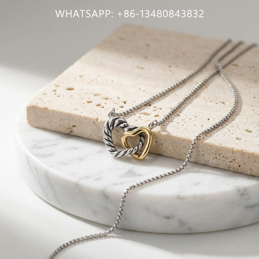 DY Necklace Cable Collectibles Two-Tone 925 Sterling Silver & 18K Yellow Gold Interlocking Double Hearts Pendant Necklace - WHATSAPP:+86-13480843832