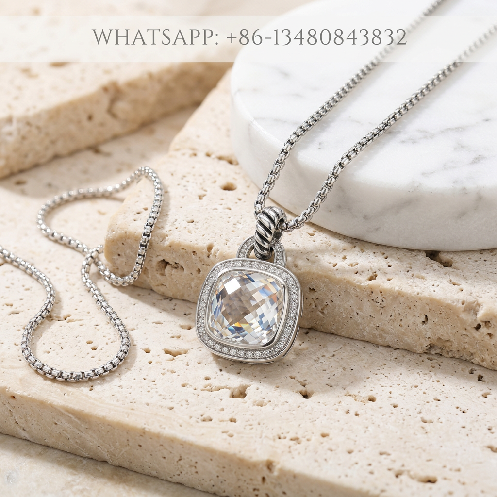 DY Necklace Albion Silver Cushion Clear White Topaz Diamond Halo Pendant - WHATSAPP:+86-13480843832