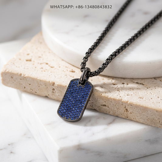 DY Necklace Blackened Silver Pave Blue Sapphire Dog Tag Pendant - WHATSAPP:+86-13480843832