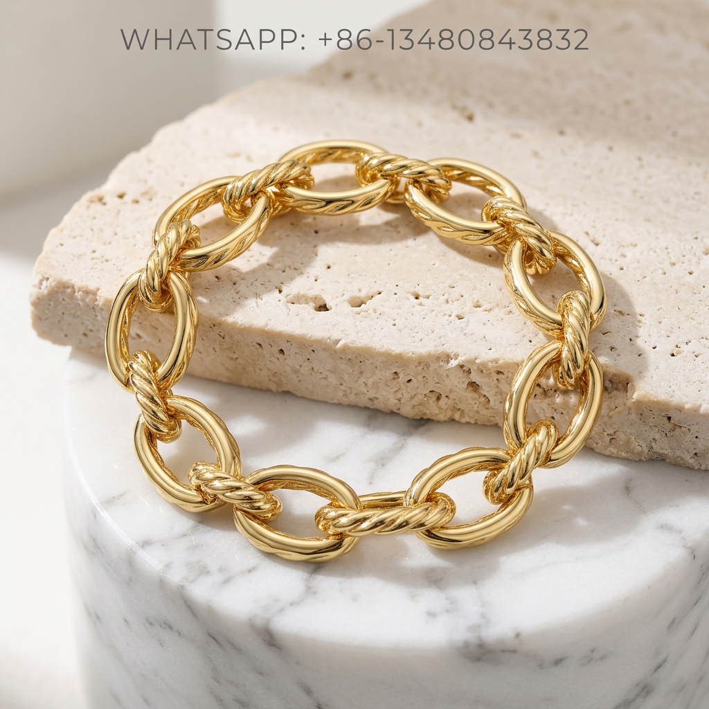 DY Bracelet 18K Yellow Gold Chunky Twisted Cable & Smooth Oval Link Chain Bracelet - WHATSAPP:+86-13480843832