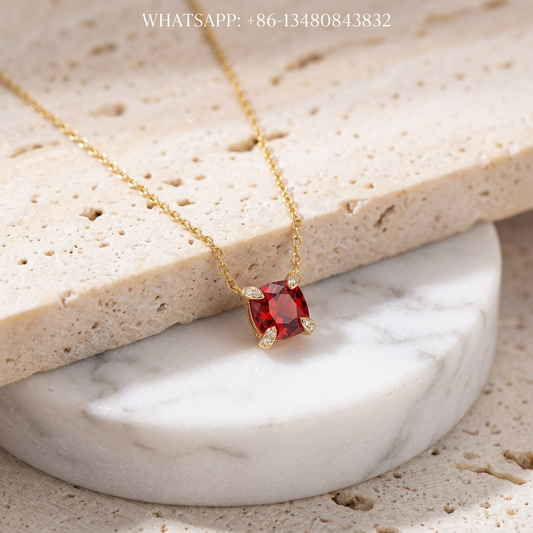 DY Necklace 18K Yellow Gold Crimson Garnet Solitaire Pendant with Diamond Prongs - WHATSAPP:+86-13480843832