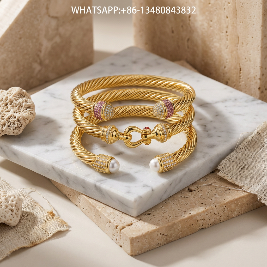 DY Set Gold Pearl & Hook Cable Cuffs - WHATSAPP:+86-13480843832