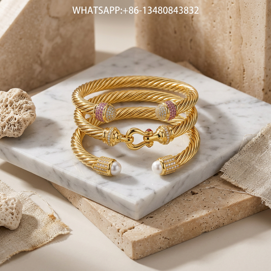 DY Set Gold Pearl & Hook Cable Cuffs - WHATSAPP:+86-13480843832