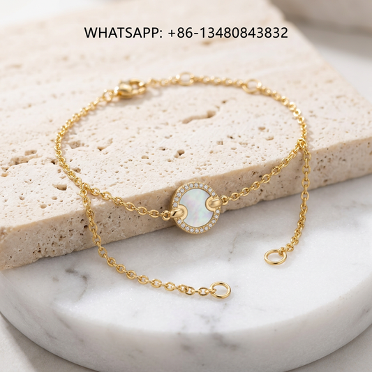 DY Bracelet Elements 18K Yellow Gold Round White Mother of Pearl Disc Pavé Diamond Halo Station Chain Bracelet - WHATSAPP:+86-13480843832