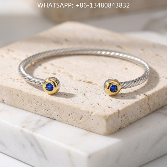 DY Bracelet Cable Classics Two-Tone 925 Sterling Silver & 18K Yellow Gold Blue Sapphire Domed Cap Cuff Bracelet - WHATSAPP:+86-13480843832