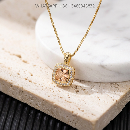 DY Necklace Petite Albion 18K Yellow Gold Cushion-Cut Champagne Morganite Pavé Diamond Halo Pendant Necklace - WHATSAPP:+86-13480843832