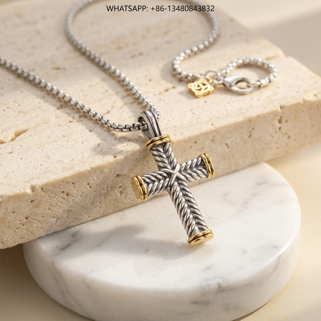 DY Necklace Two-Tone Silver 18K Gold Cable Cross Pendant Necklace - WHATSAPP:+86-13480843832