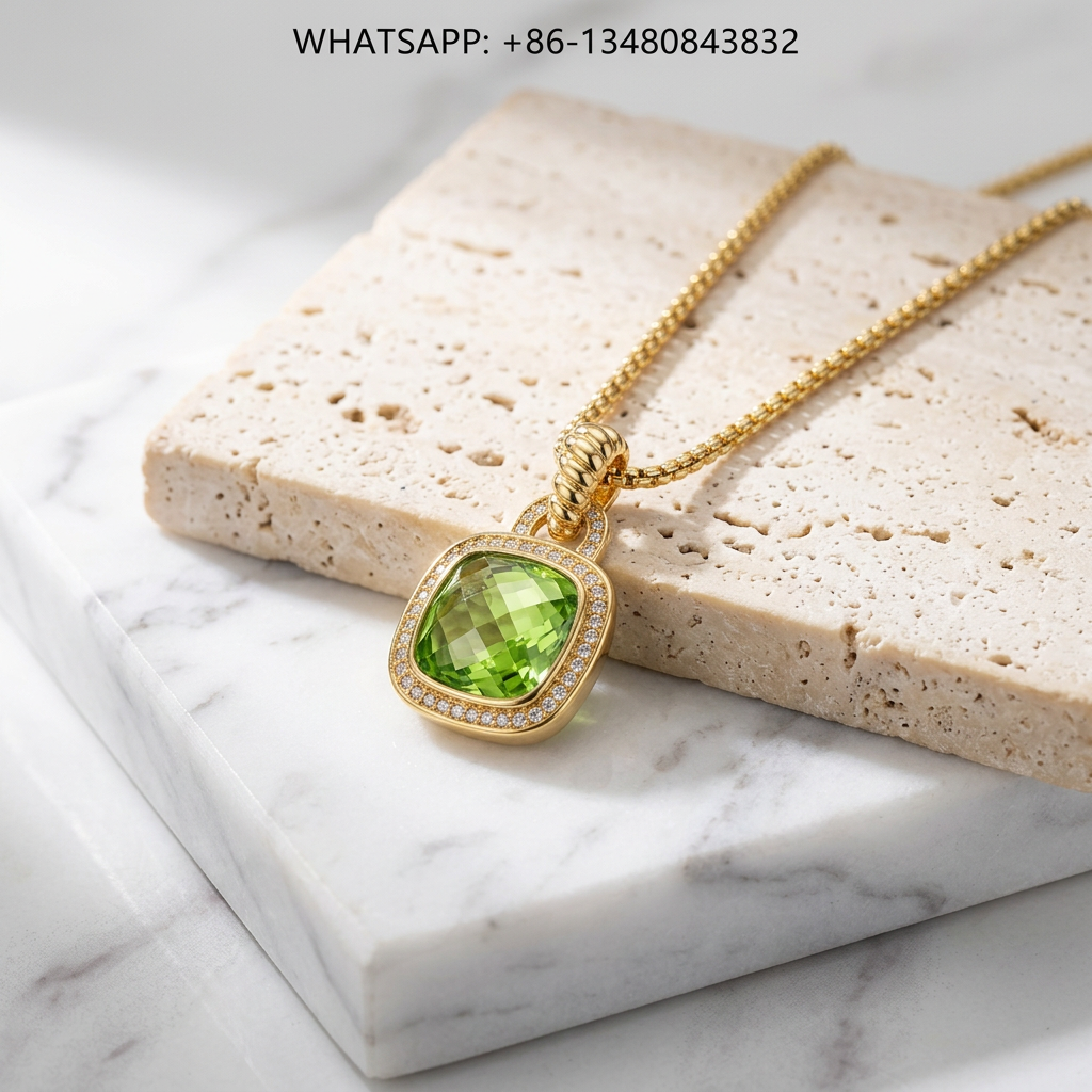 DY Necklace Albion 18K Gold Cushion Peridot Green Gemstone Diamond Halo Pendant - WHATSAPP:+86-13480843832