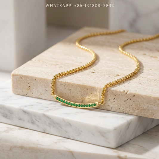DY Necklace 18K Yellow Gold Green Emerald Curved Bar Pendant on Wheat Chain - WHATSAPP:+86-13480843832