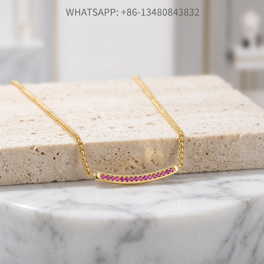 DY Necklace 18K Yellow Gold Vivid Pink Sapphire Curved Bar Pendant on Wheat Chain - WHATSAPP:+86-13480843832