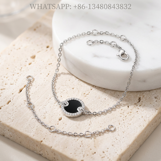 DY Bracelet Elements 925 Sterling Silver Round Black Onyx Disc Pavé Diamond Halo Station Chain Bracelet - WHATSAPP:+86-13480843832
