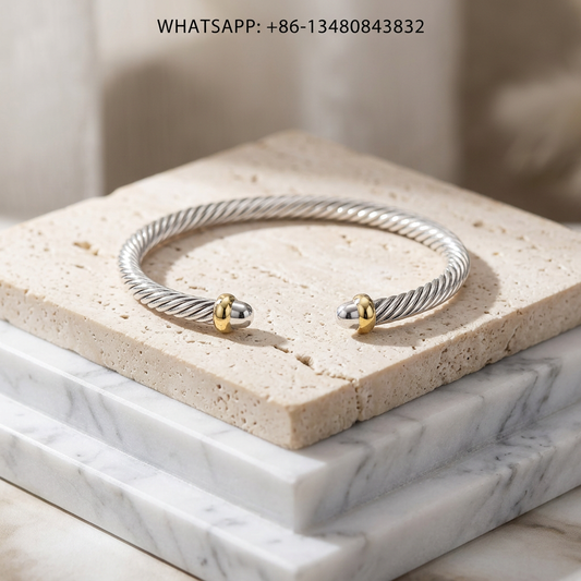 DY Bracelet Cable Classics Two-Tone 925 Silver Cuff Bracelet with 18K Gold Accent Rings - WHATSAPP:+86-13480843832