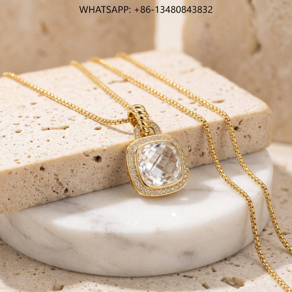 DY Necklace Albion 18K Gold Cushion Clear White Topaz Diamond Halo Pendant - WHATSAPP:+86-13480843832