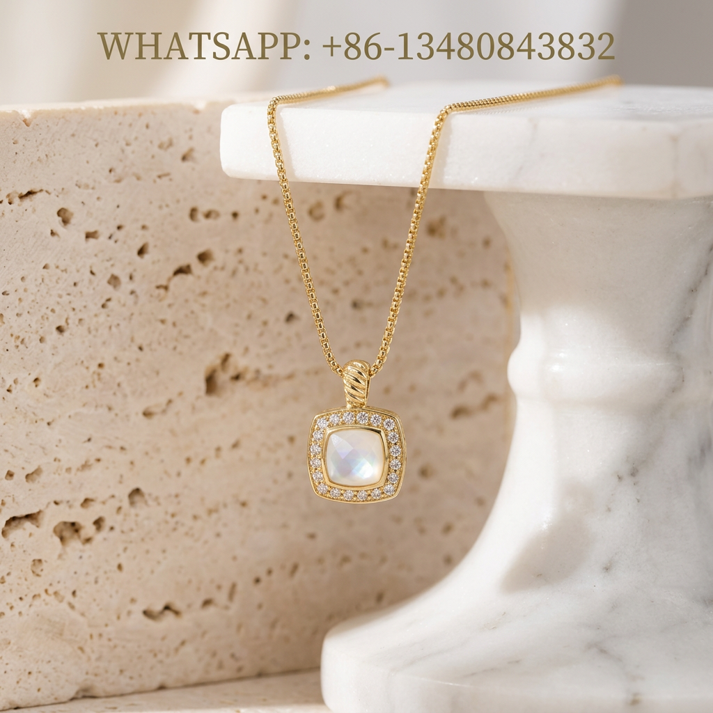 DY Necklace Petite Albion 18K Yellow Gold Cushion-Cut White Mother of Pearl Pavé Diamond Halo Pendant Necklace - WHATSAPP:+86-13480843832
