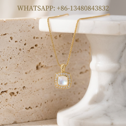 DY Necklace Petite Albion 18K Yellow Gold Cushion-Cut White Mother of Pearl Pavé Diamond Halo Pendant Necklace - WHATSAPP:+86-13480843832