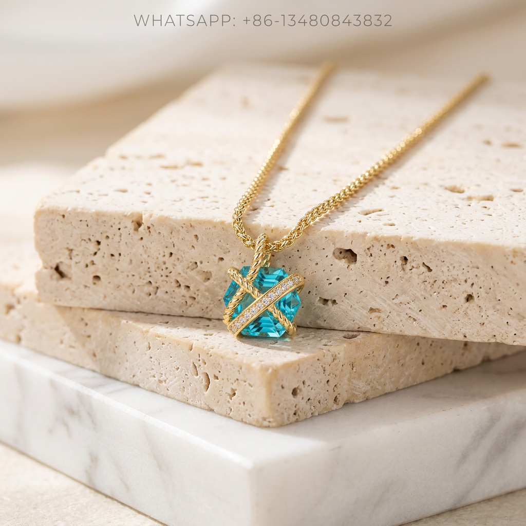 DY Necklace 18K Yellow Gold Faceted Turquoise Blue Topaz Crossover Wrapped Cable Pendant with Diamonds - WHATSAPP:+86-13480843832