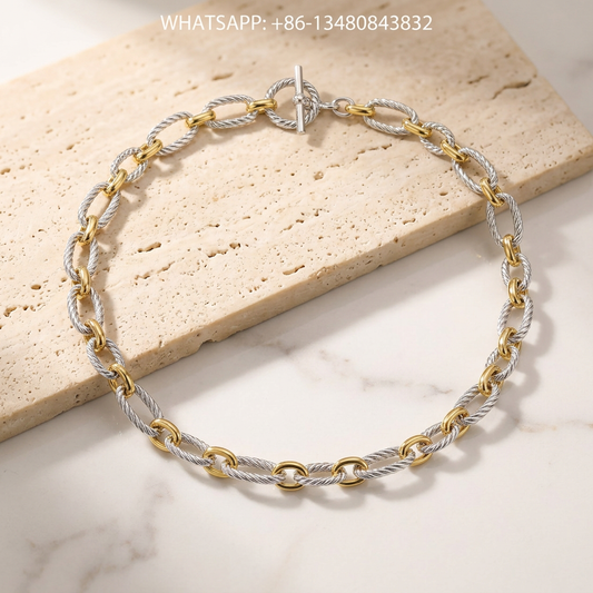 DY Necklace Two-Tone Sterling Silver and 18K Yellow Gold Twisted Cable Oval Link Chain Necklace with T-Bar Toggle Clasp Layflat - WHATSAPP:+86-13480843832