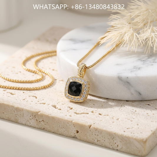 DY Necklace Petite Albion 18K Yellow Gold Cushion-Cut Black Onyx Pavé Diamond Halo Pendant Necklace - WHATSAPP:+86-13480843832