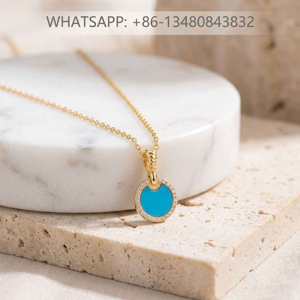 DY Necklace 18K Yellow Gold Turquoise Disc Amulet Pendant with Diamond Halo - WHATSAPP:+86-13480843832
