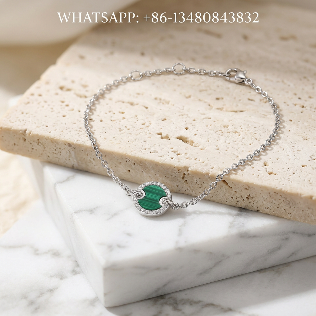 DY Bracelet Elements 925 Sterling Silver Round Green Malachite Disc Pavé Diamond Halo Station Chain Bracelet - WHATSAPP:+86-13480843832