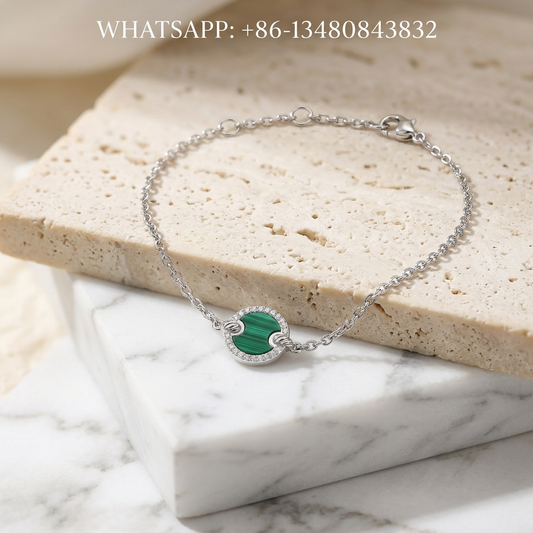 DY Bracelet Elements 925 Sterling Silver Round Green Malachite Disc Pavé Diamond Halo Station Chain Bracelet - WHATSAPP:+86-13480843832