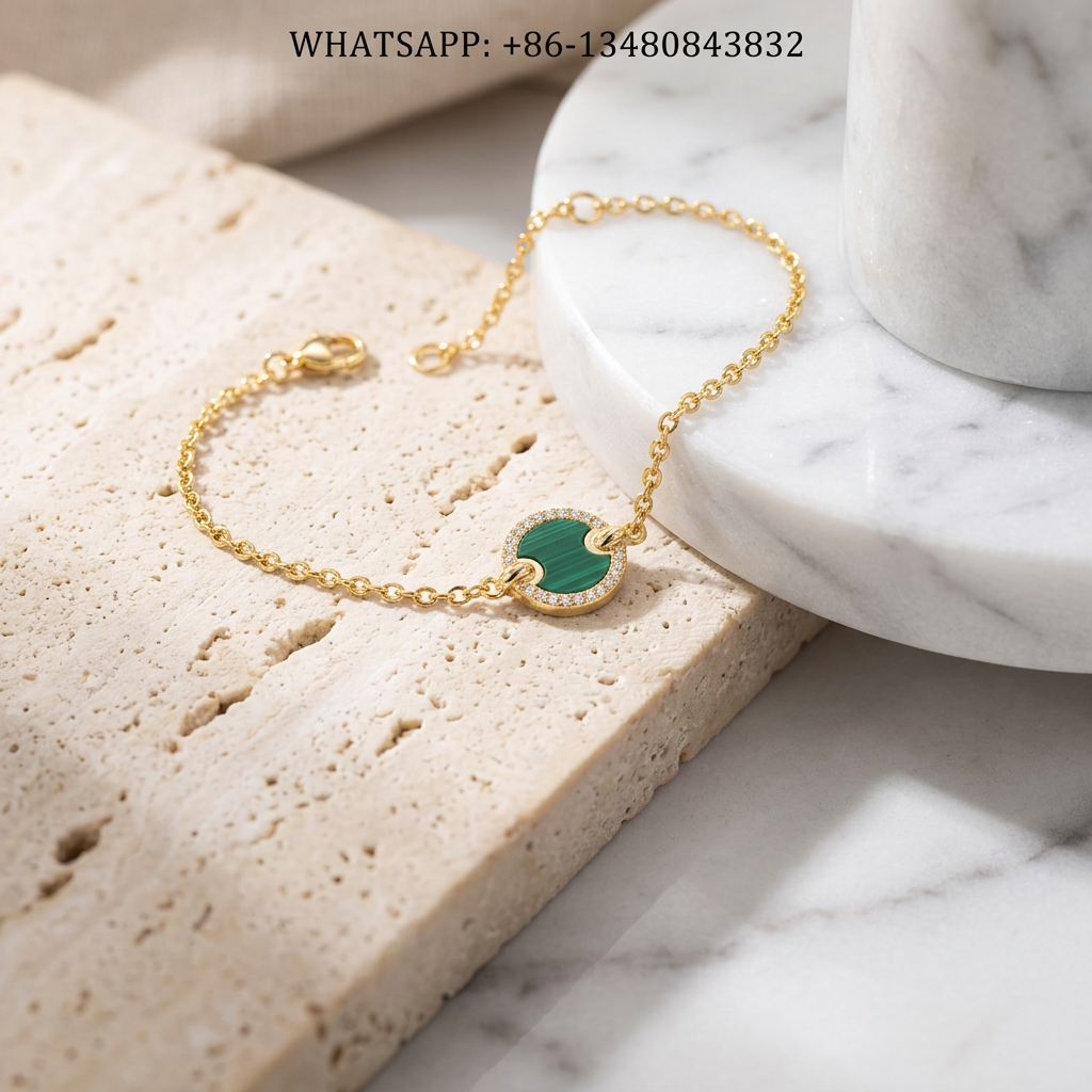 DY Bracelet Elements 18K Yellow Gold Round Green Malachite Disc Pavé Diamond Halo Station Chain Bracelet - WHATSAPP:+86-13480843832