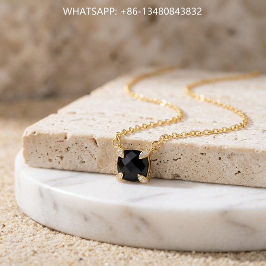 DY Necklace 18K Yellow Gold Black Onyx Solitaire Pendant with Diamond Prongs - WHATSAPP:+86-13480843832