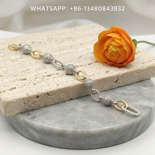 DY Bracelet Two-Tone 925 Sterling Silver & 18K Gold Cable Link Bracelet with Pavé Diamond Spheres - WHATSAPP:+86-13480843832
