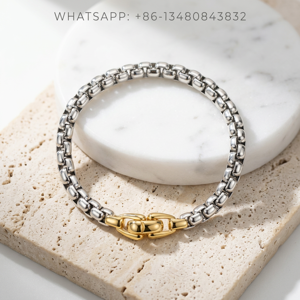 DY Bracelet Two-Tone 925 Sterling Silver Chunky Rounded Box Chain Bracelet with 18K Yellow Gold Clasp - WHATSAPP:+86-13480843832