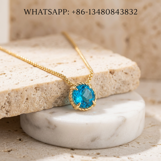 DY Necklace 18K Yellow Gold Twisted Cable Round Blue Topaz Solitaire Pendant - WHATSAPP:+86-13480843832