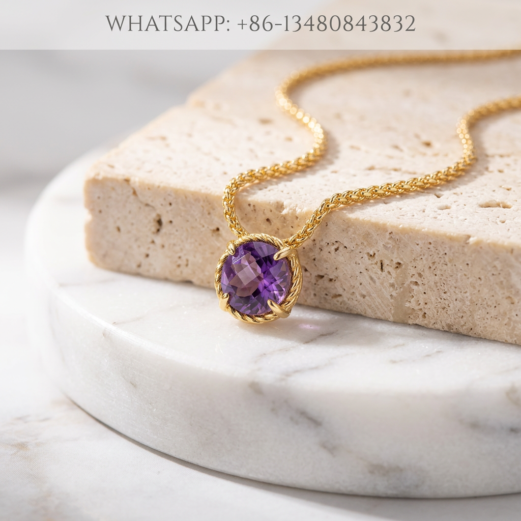 DY Necklace 18K Yellow Gold Twisted Cable Round Purple Amethyst Solitaire Pendant - WHATSAPP:+86-13480843832