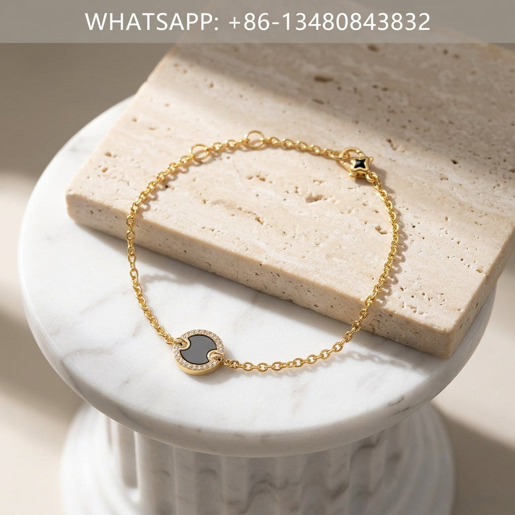 DY Bracelet Elements 18K Yellow Gold Round Black Onyx Disc Pavé Diamond Halo Station Chain Bracelet - WHATSAPP:+86-13480843832